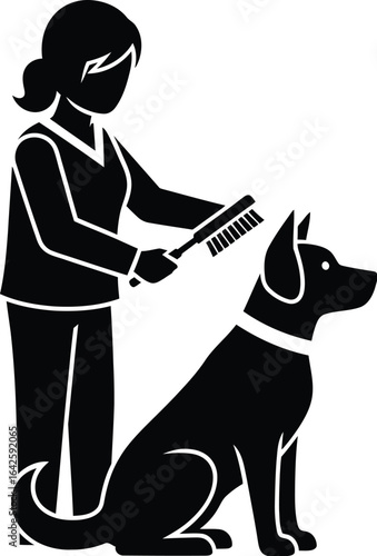 A woman is grooming a dog with a brush, the dog is sitting patiently while the woman is brushing its fur, showing the bond between a pet and its owner