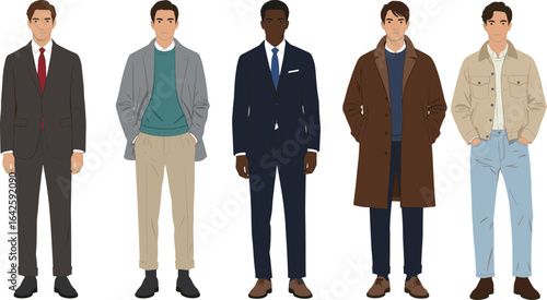 Collection of stylish men in modern outfits, formal and casual fashion, business and casual wear, diverse male fashion illustration, standing pose, trendy clothing