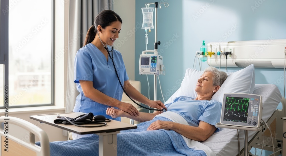 Obraz premium Compassionate Nurse Attending to Patient's Health Within Bright Hospital Environment