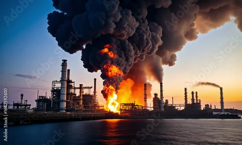 Industrial fire disaster scene dramatic sunset view