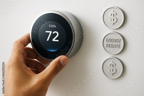 Hand adjusting smart thermostat set to 72 degrees with energy rebate symbols on wall, showing savings concept on light background. Ai generative. Ai generative