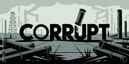 Industrial Corruption Concept Illustration – Environmental Pollution, Oil Pipes, Broken Industry, Dark Greyscale Artwork