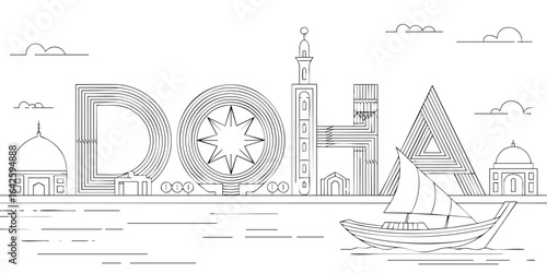 Modern Doha Qatar Skyline Line Art Illustration with Traditional Dhow Boat and Architectural Landmarks - Minimalist Black and Transparent Vector