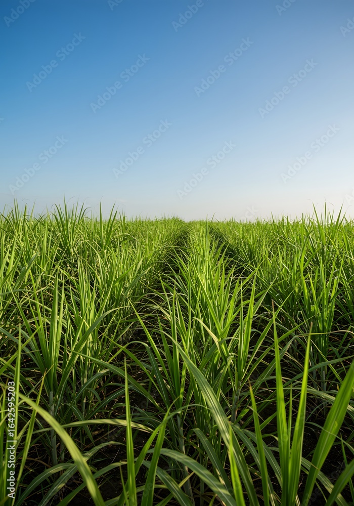 Obraz premium Lush sugarcane field under a bright blue sky, agricultural landscape background