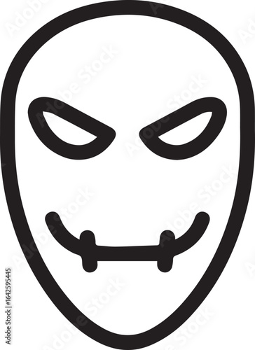 Eerie Halloween mask illustration with piercing eyes and unsettling smile, perfect for spooky designs and vector graphics, easily scalable for all projects