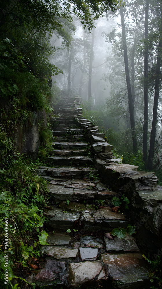 Fototapeta premium Stone Stairway Ascending Lush Green Hill in Fog