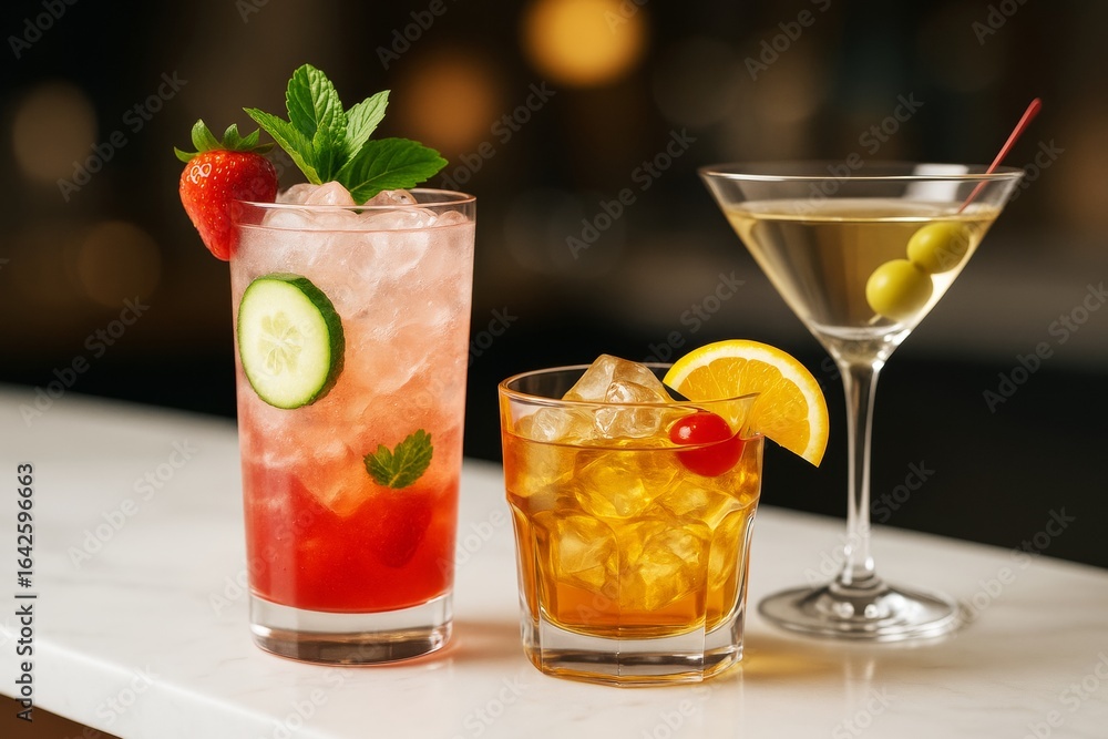 Fototapeta premium Assorted colorful cocktails with garnishes on white bar surface against abstract light bokeh background in stylish focus composition.
