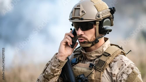 Military person talking on phone outdoor