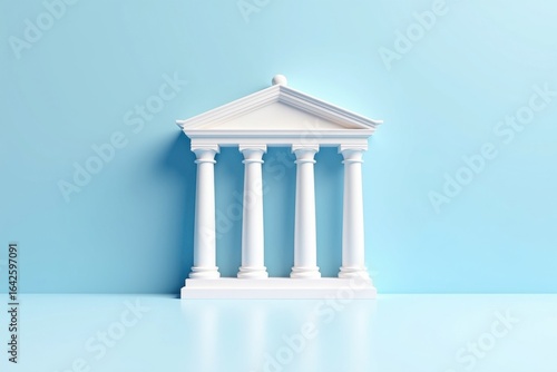 Elegant White Classical Building Facade with Architectural Columns Standing Against a Light Blue Background with Soft Shadow and Reflection