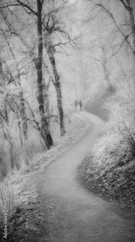 Obraz premium Two people walk together along a snowy path through the frosted forest landscape
