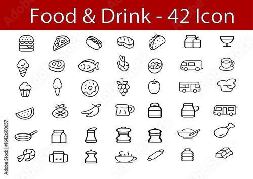 Food and Drink  Icon: pizza slice, hot dog, sandwich, taco, burrito, fried chicken drumstick, sushi roll, noodles bowl, steak, fish fillet, shrimp, salad bowl, bread loaf and more.