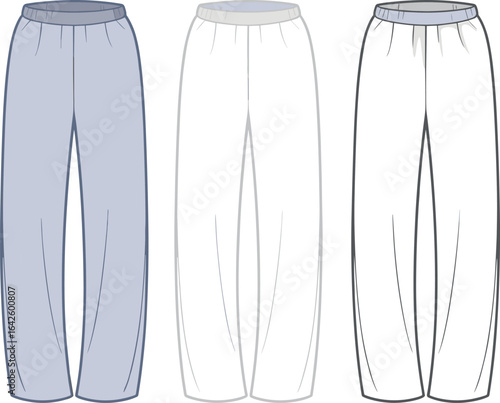 Comfortable sweatpants CAD drawing, flat vector illustration, fashion design template, stylish loungewear, apparel mockup, clothing sketch, garment layout
