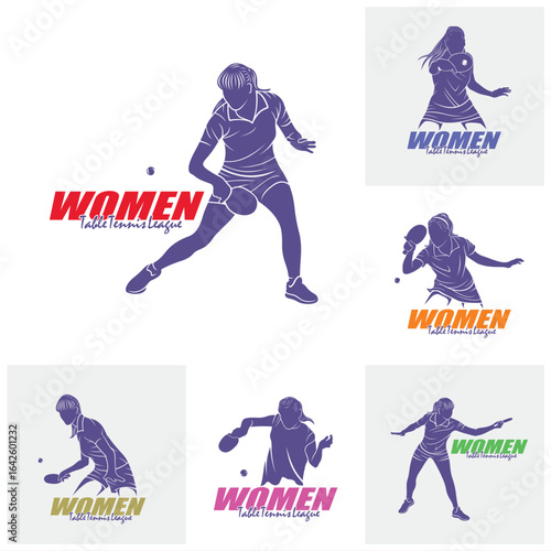 Set of Women table tennis logo design vector. Silhouette Women table tennis player Template Illustration