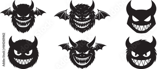Black Cartoon Monsters Set with Horns and Wings | Spooky Vector Illustrations for Halloween Designs and Horror Themed Graphics