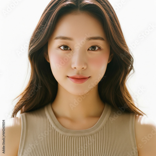 Front View of Korean Woman in Beige Knit Top