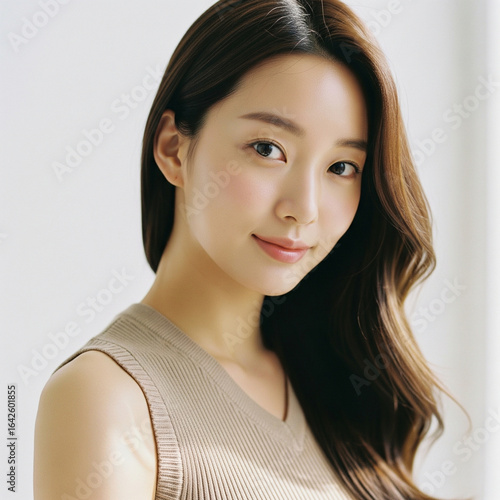 Korean Woman in Beige Knit Top with Soft Smile