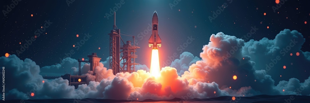 Fototapeta premium Rocket launch into a starry night sky.