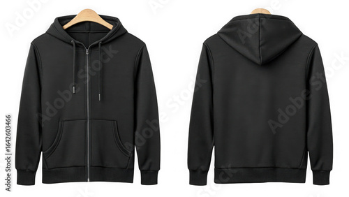 Front and back view of a plain black hoodie isolated on transparent background
