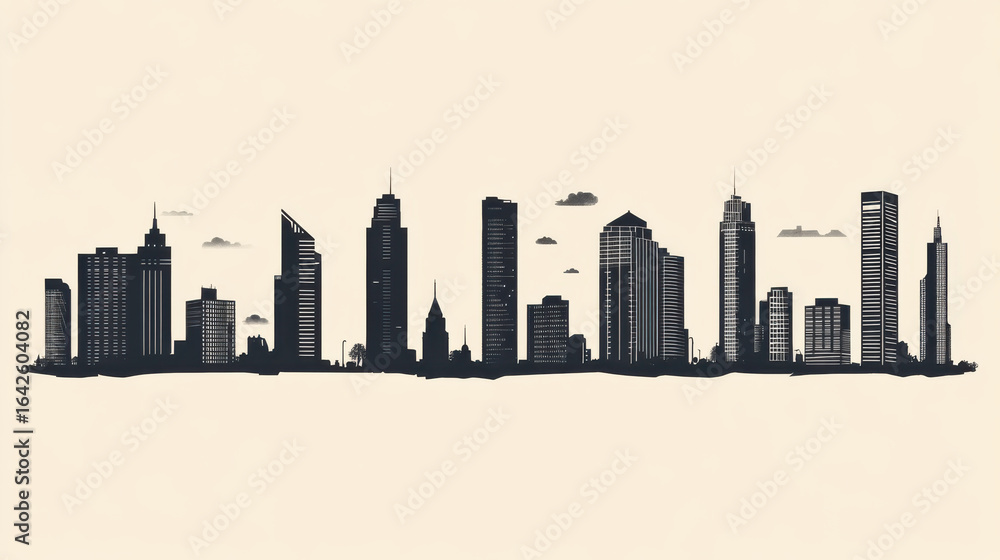 Fototapeta premium Minimalist Skyline Silhouette of a Modern Urban Cityscape at Dusk
