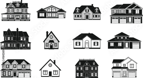 Collection of various house facades, modern and vintage architecture, cad drawing flat vector, detailed real estate design, home front elevation