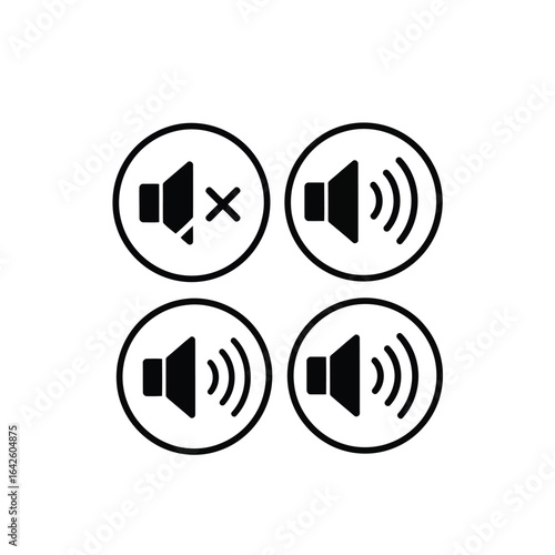 Illustration of four audio volume icons showing mute and different sound levels isolated on white background