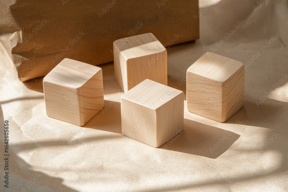 Fototapeta premium Minimalist product scene with five wooden cubes on beige paper and brown kraft bag in background, neutral aesthetic for branding use