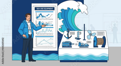 Presentation of Sea Use Equipment at an Exhibition with Data Charts Display