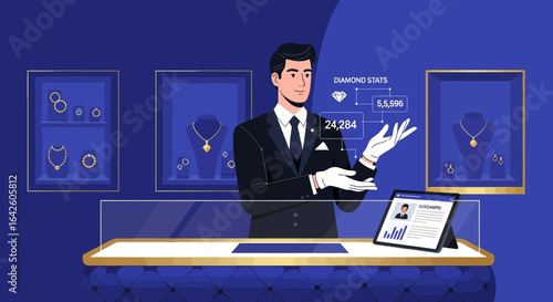 Luxury jewelry boutique showcase with attentive manager presenting diamond metrics