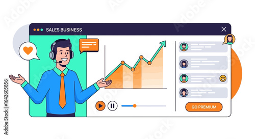 Online sales presentation with presenter and rising chart interface vector