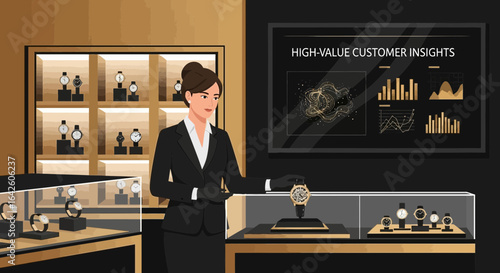 Sophisticated Watch Boutique Illustration with Data-Driven Insights Presentation