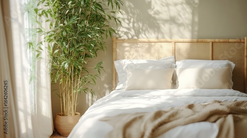 Sunlit bedroom with bamboo headboard and plant