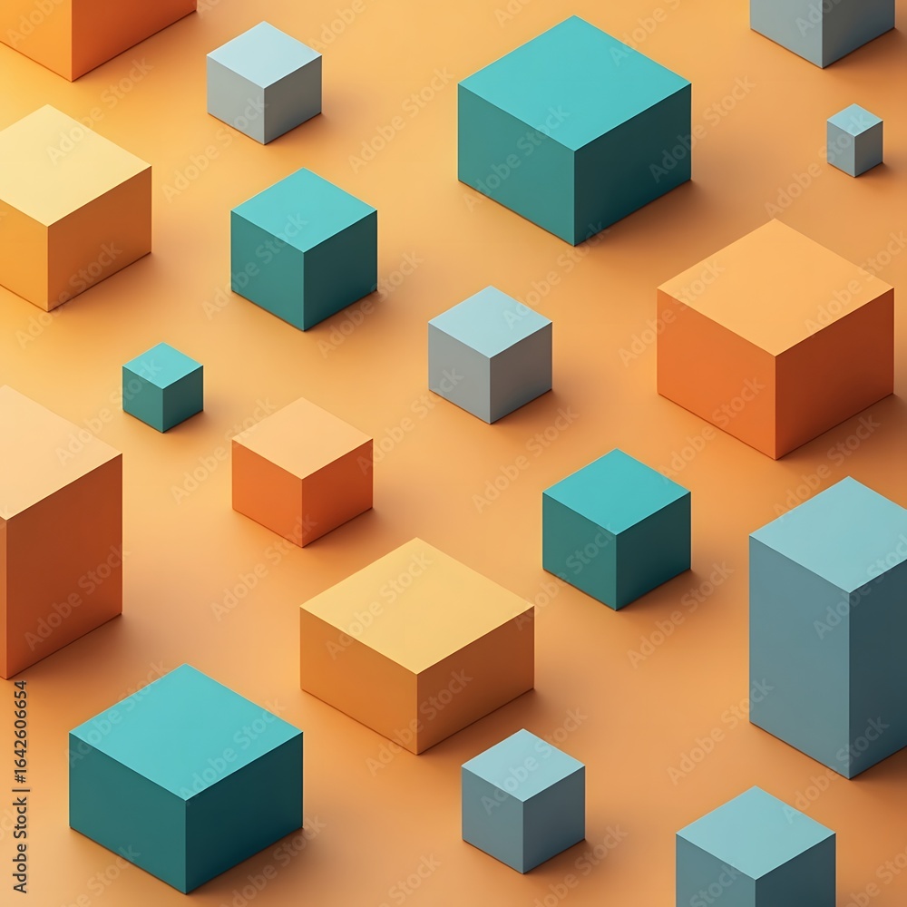 Fototapeta premium Isometric 3D Cubes Pattern in Orange and Teal Gradient Background