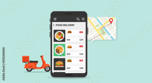 Online food delivery application showcased with vibrant scooter and navigation map