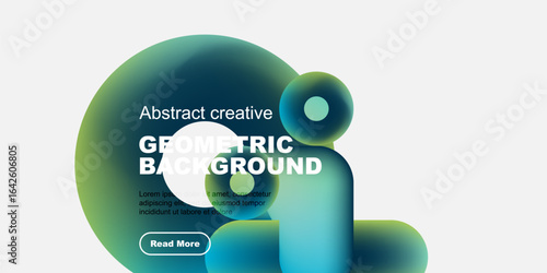 Abstract geometric background features vibrant blue, green hues. Text overlay includes sample content, button for more information.
