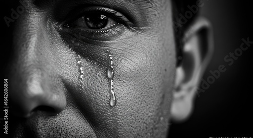 Extreme Close-up Black and White Portrait of a Man's Eye with Tears Streaming Down His Face