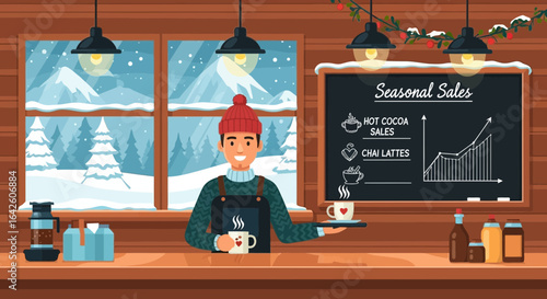 Cozy winter cafe scene with seasonal drinks and cheerful barista illustration