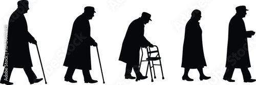 Silhouette of elderly people walking, using cane, walker, aging process illustration, senior mobility, healthcare, independence, aging lifestyle concept