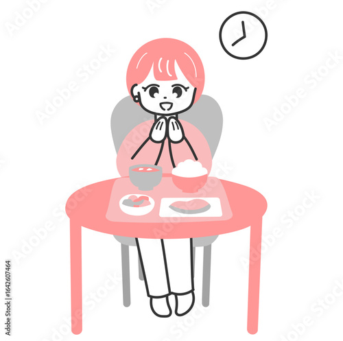 バランスの良い食事　いただきますをする女性のイラスト