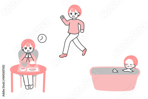 理想的な生活習慣のイラスト　ウォーキング、入浴、バランスの良い食事