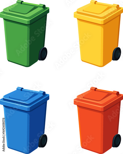 Set of four colorful wheelie bins in green, yellow, blue, and red for waste segregation, recycling, and environmental awareness design projects.
