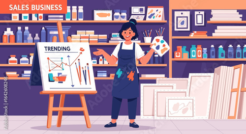 Female artist presenting trending sales with art supplies in her creative studio
