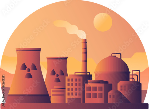Nuclear power plant illustration with cooling towers, reactor building, and smokestack at sunset, representing energy production, industry, and environmental impact concepts.