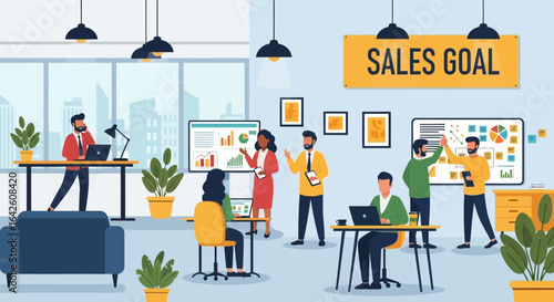 Motivated sales team collaborating in a modern office environment achieving targets