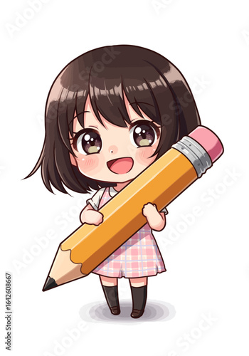 Chibi Girl Holding Oversized Pencil with Eraser