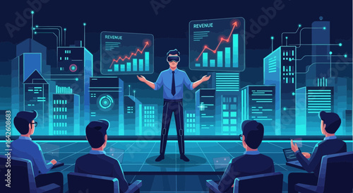 Innovative virtual reality presentation showcasing ascending revenue growth and business metrics
