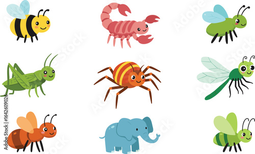 Cute cartoon vector illustration of various colorful insects and animals including bee, scorpion, dragonfly, ant, elephant, and spider