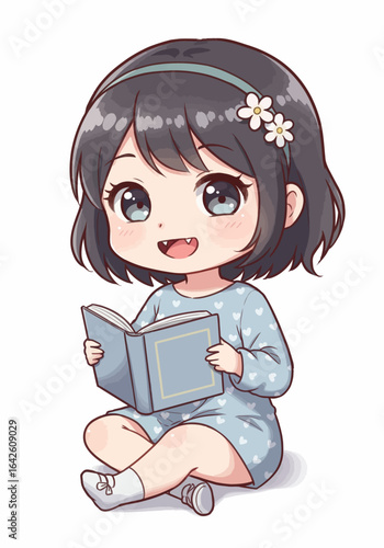 Chibi Girl Reading a Book with Flower Headband