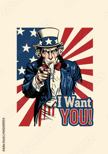 Vintage Uncle Sam 'I Want You' poster illustration for a patriotic t-shirt design, ready for screen printing.