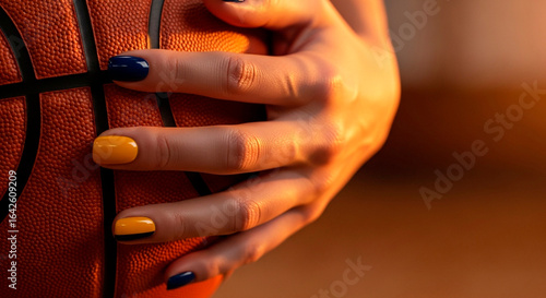 Woman's Hand Holding a Basketball with Stylish Nail Art