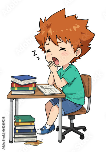 Sleepy Cartoon Boy Studying at Desk with Books